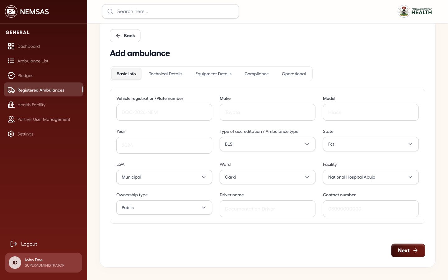 Add ambulance Basic Info stage populated with demonstration vehicle, location, ownership and driver details