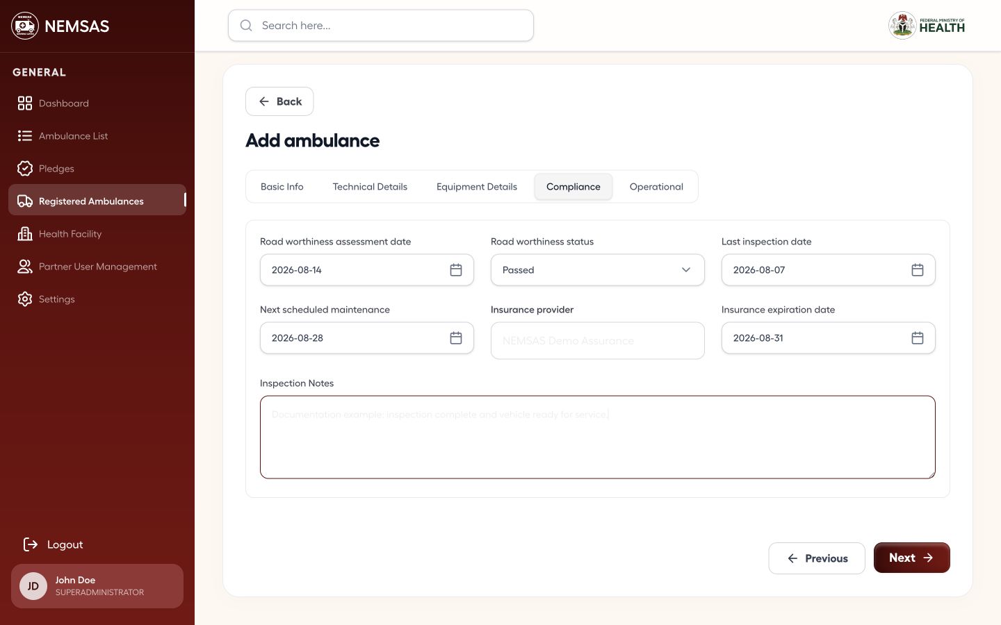 Add ambulance Compliance stage populated with assessment, inspection, maintenance and insurance details