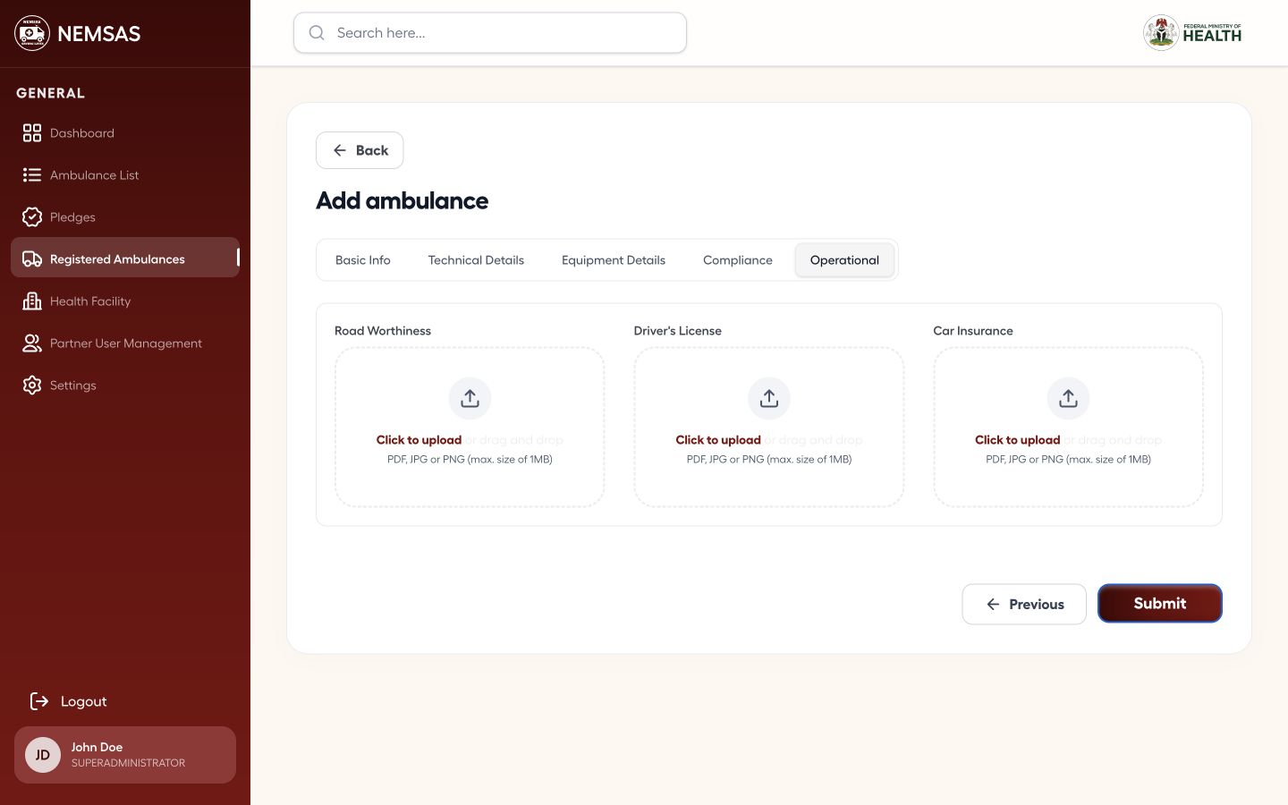 Add ambulance Operational stage showing the three required document upload controls and Submit