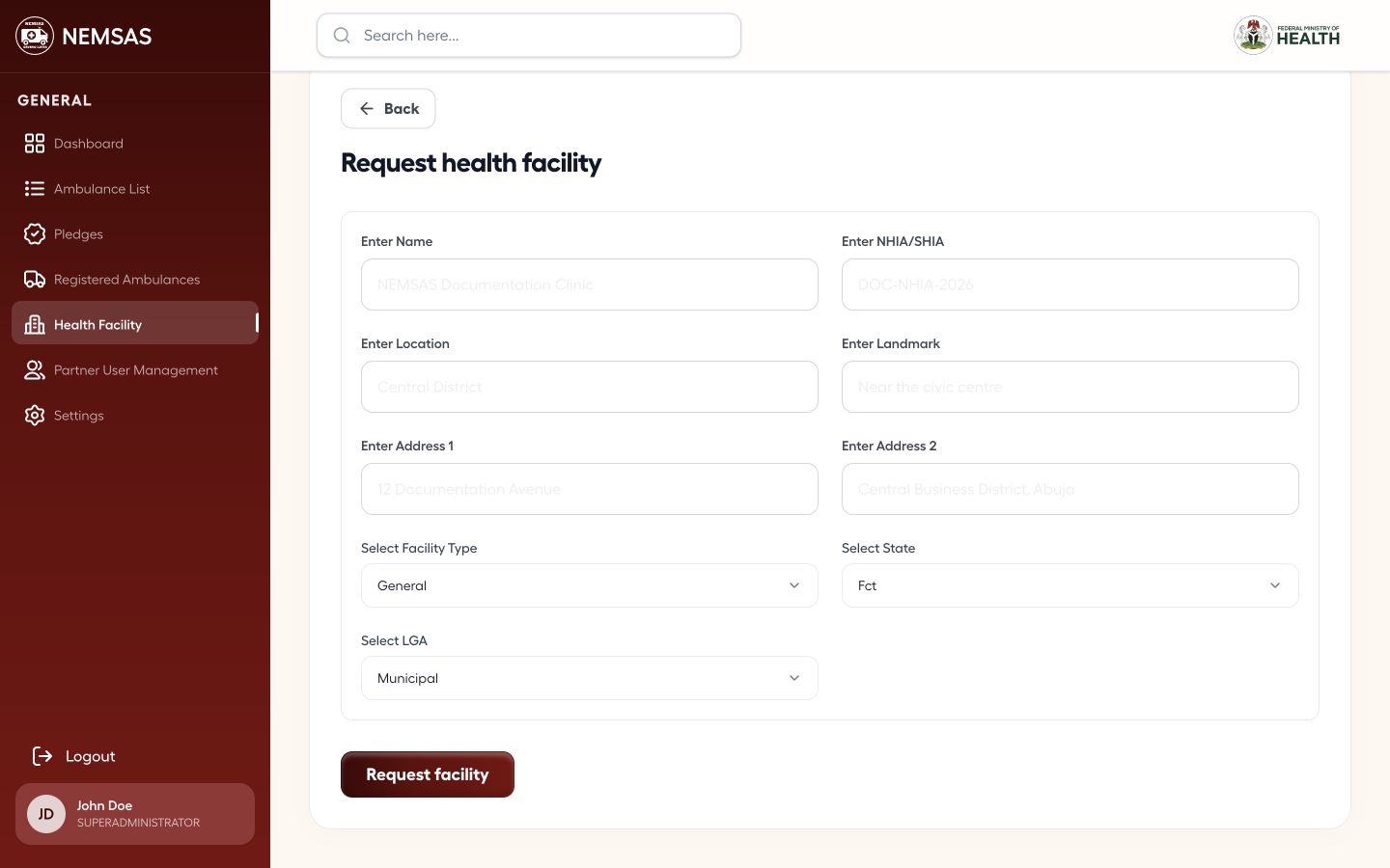 Request health facility form populated with demonstration identity, address, type and location details