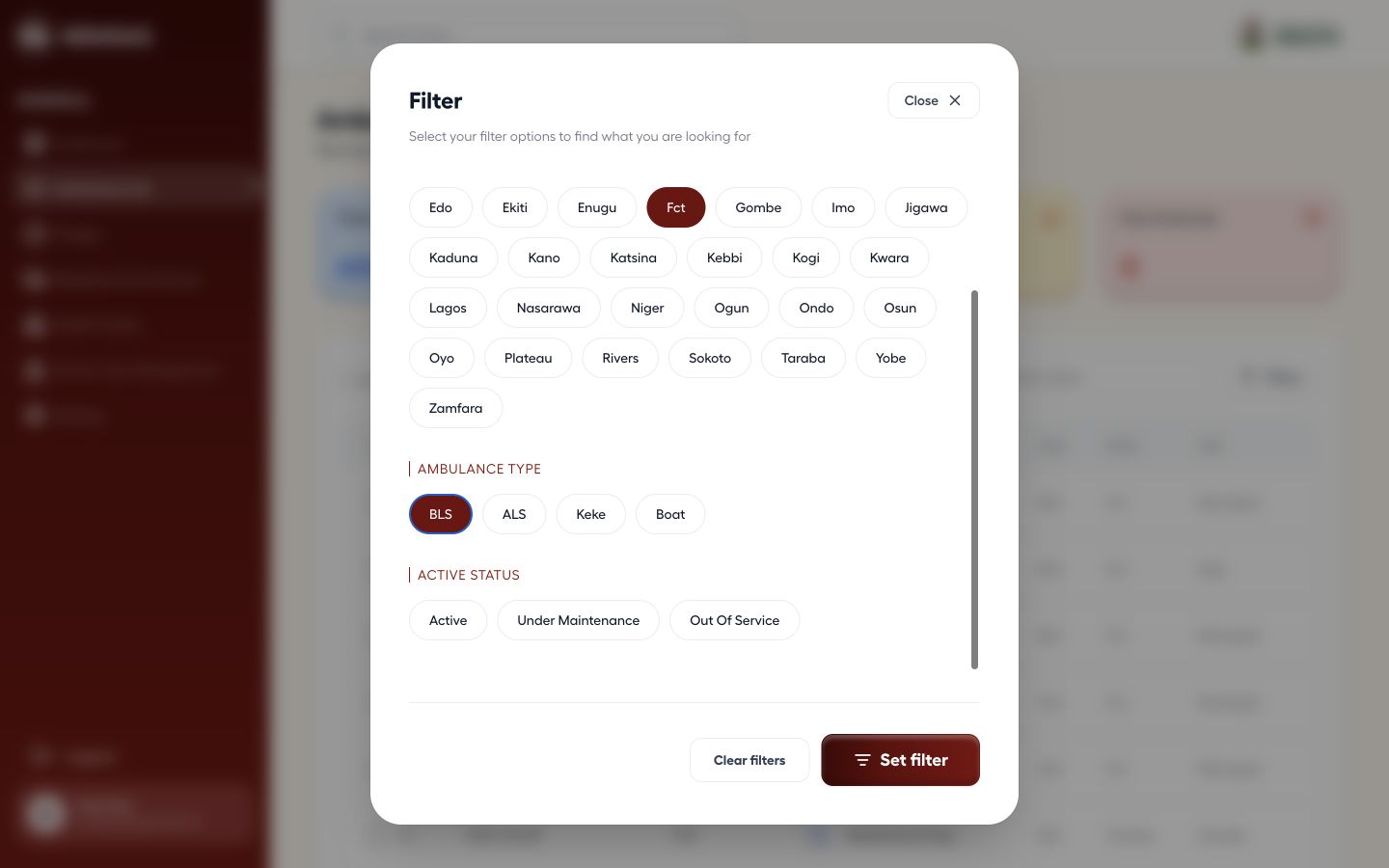 Ambulance List filter panel configured with demonstration state, ambulance type and active status