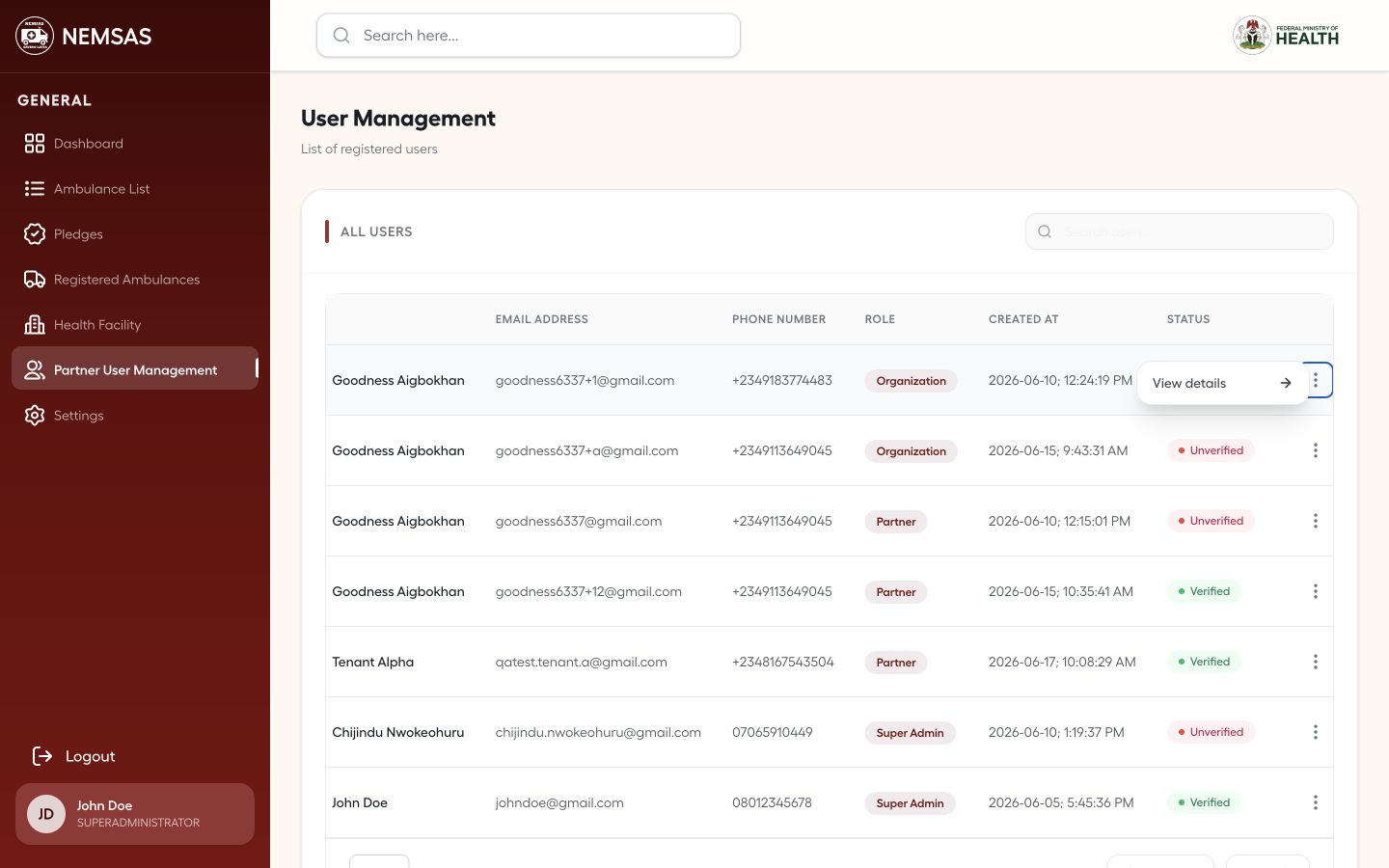 Partner user row with View details action open