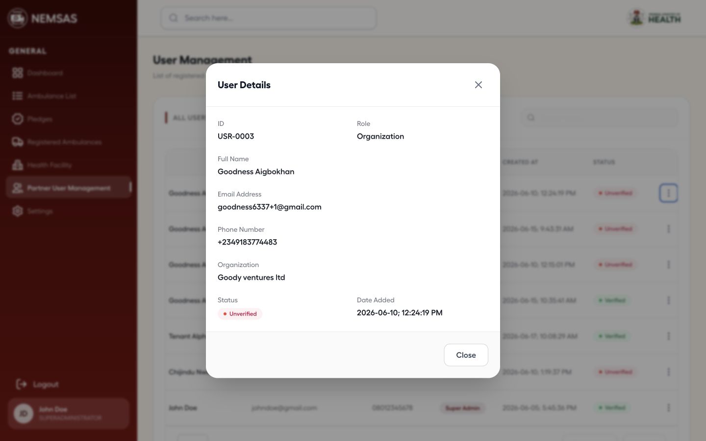 Partner user details dialog with role, contact, organization and verification status