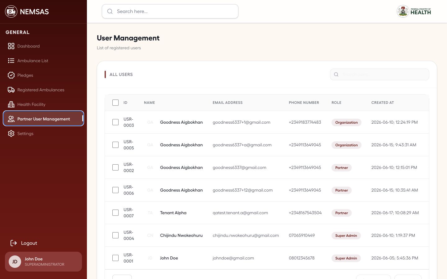 Connect Partner User Management list with search, roles and verification statuses