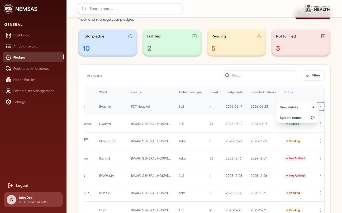 NEMSAS Connect pledge row with View details action open