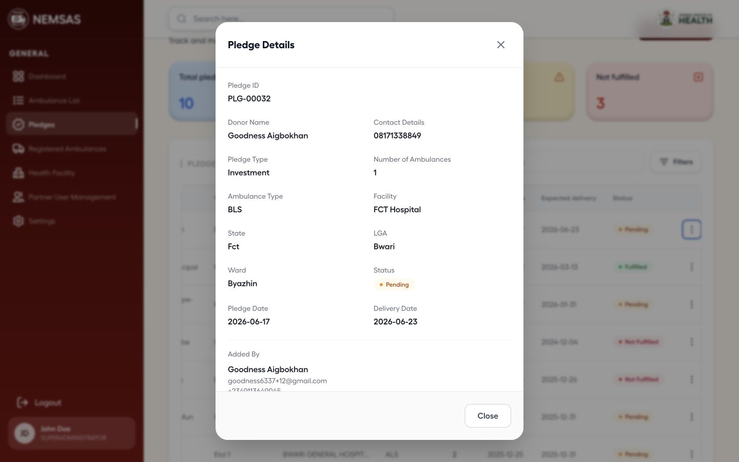 NEMSAS Connect pledge details with donor, ambulance, destination, dates and status