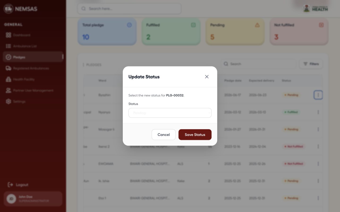 Update pledge status dialog with Pending, Fulfilled and Not Fulfilled options