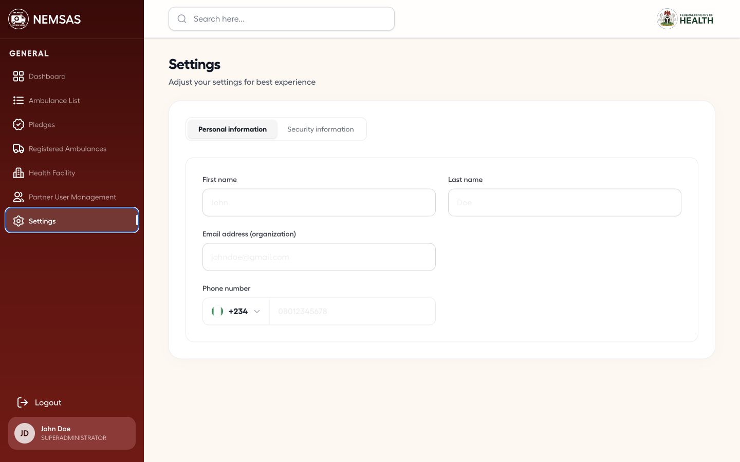 NEMSAS Connect administrator Settings page with personal information fields
