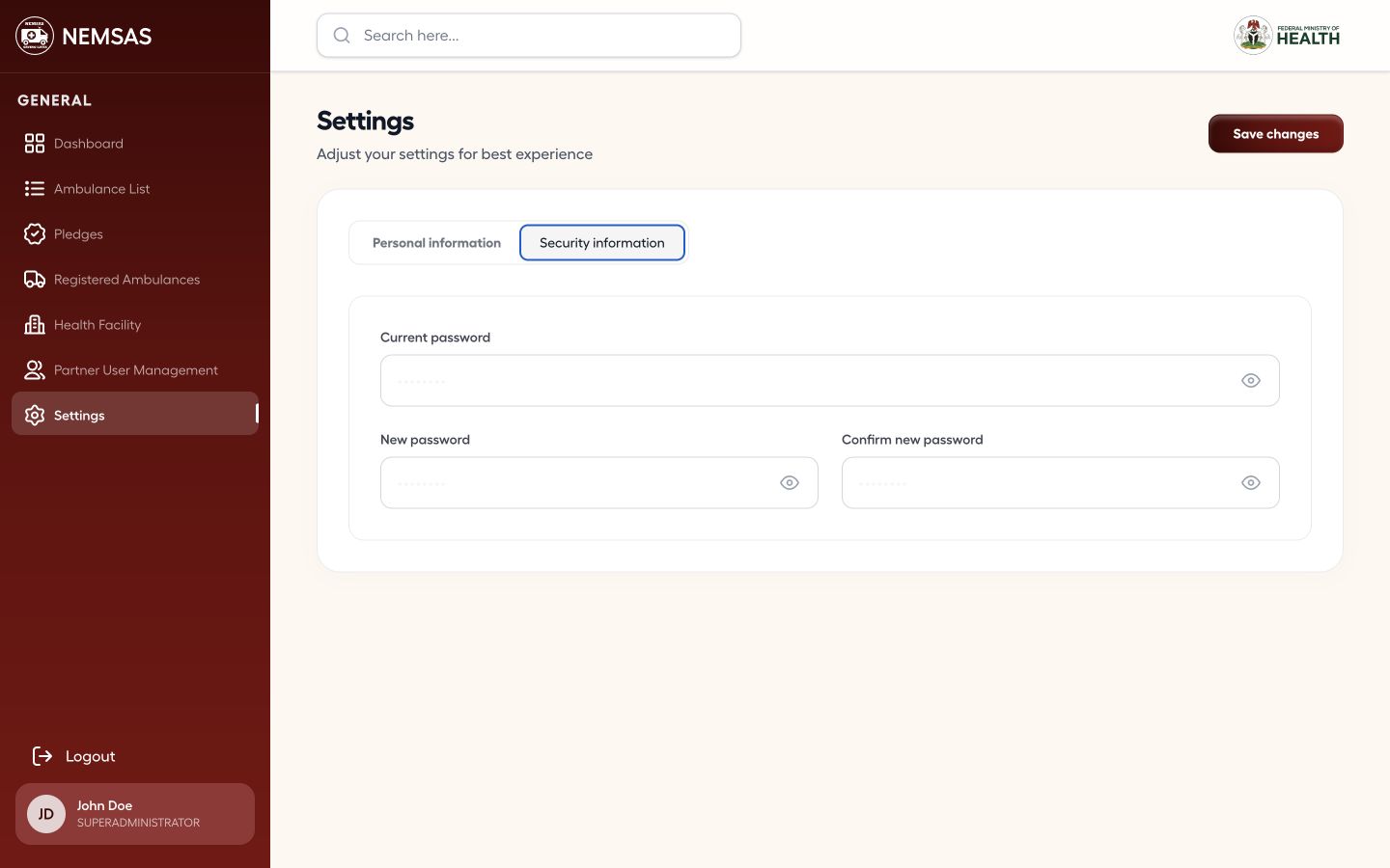 NEMSAS Connect administrator Security information tab with current, new and confirmation password fields