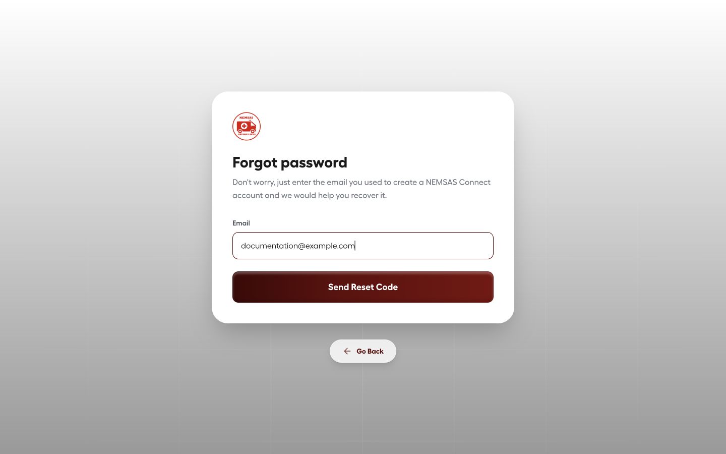 NEMSAS Connect Forgot password form populated with a demonstration email
