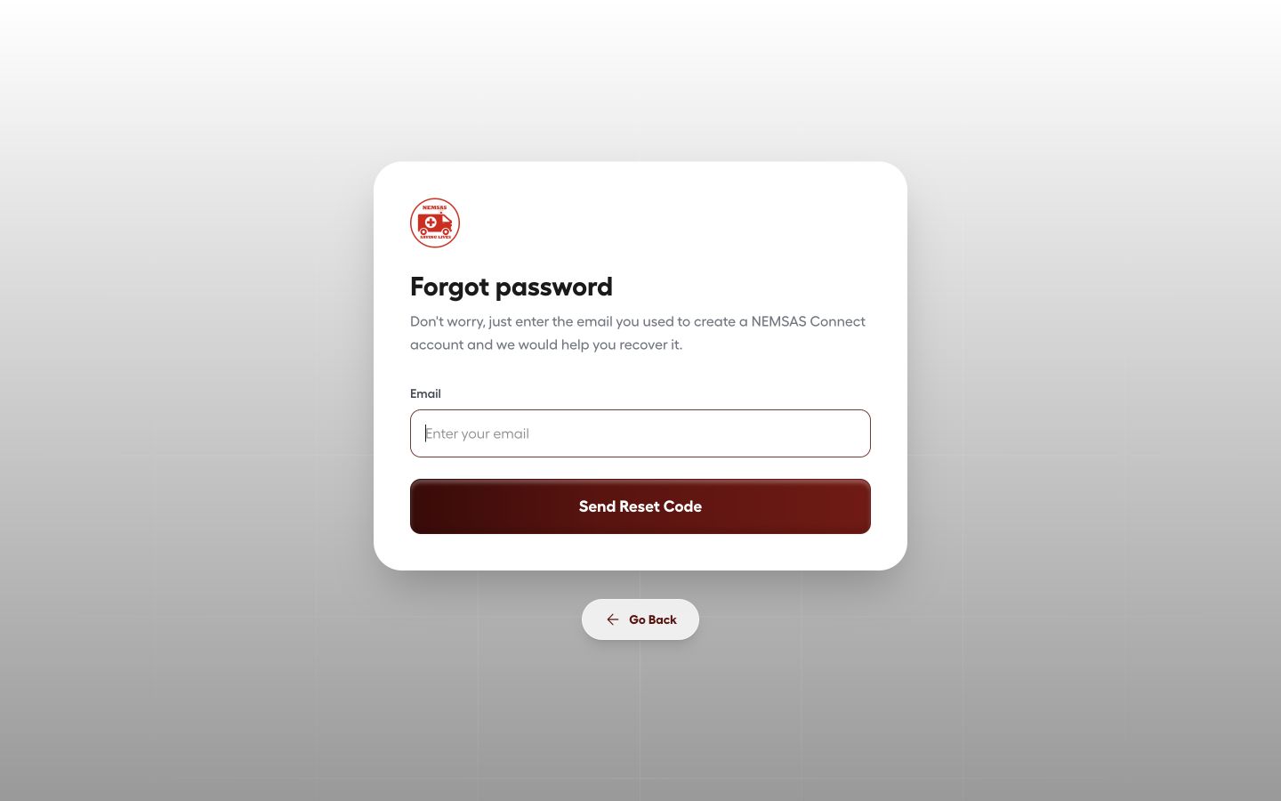 NEMSAS Connect Forgot password form with email and Send Reset Code controls