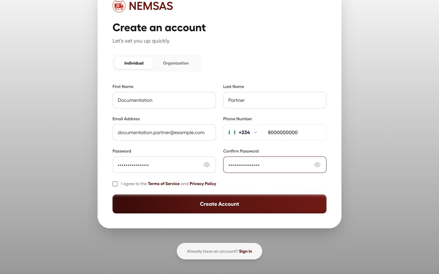 Individual Connect registration form populated with non-sensitive demonstration details and masked passwords