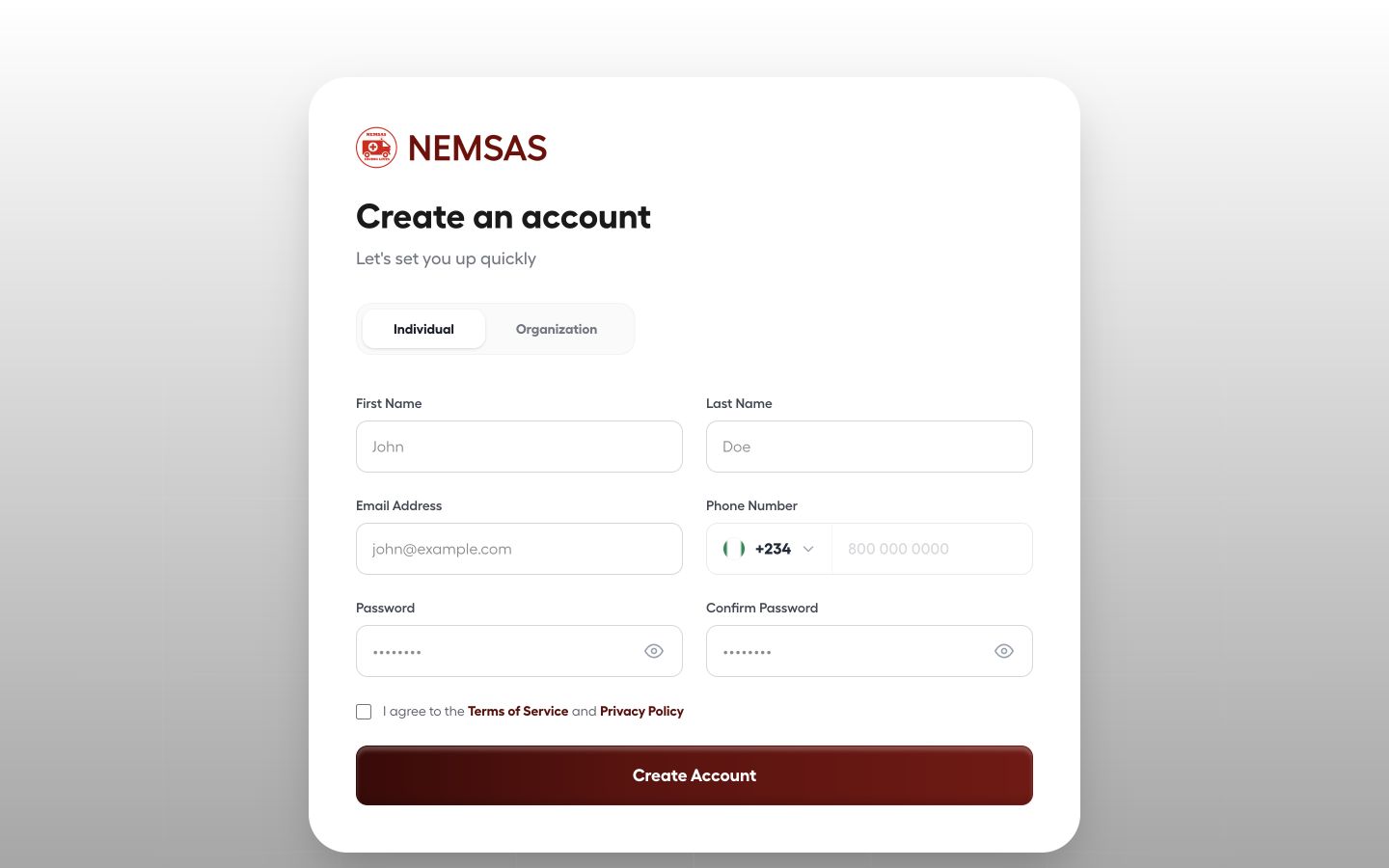 NEMSAS Connect registration page with Individual and Organization account type options