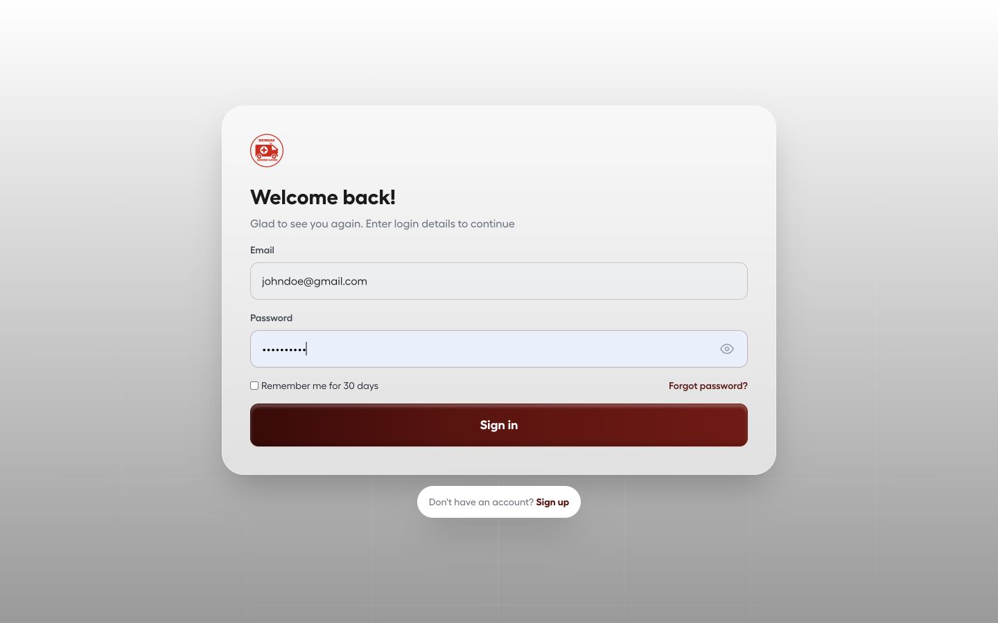 NEMSAS Connect sign-in form populated with a demonstration account and masked password