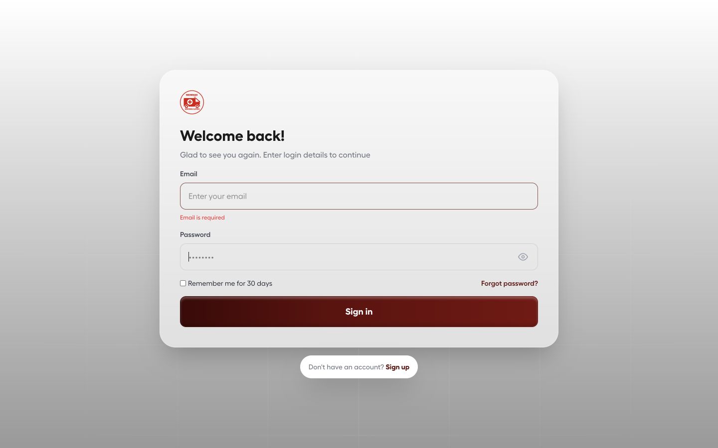 NEMSAS Connect sign-in page with email, password, remember-me and Sign in controls