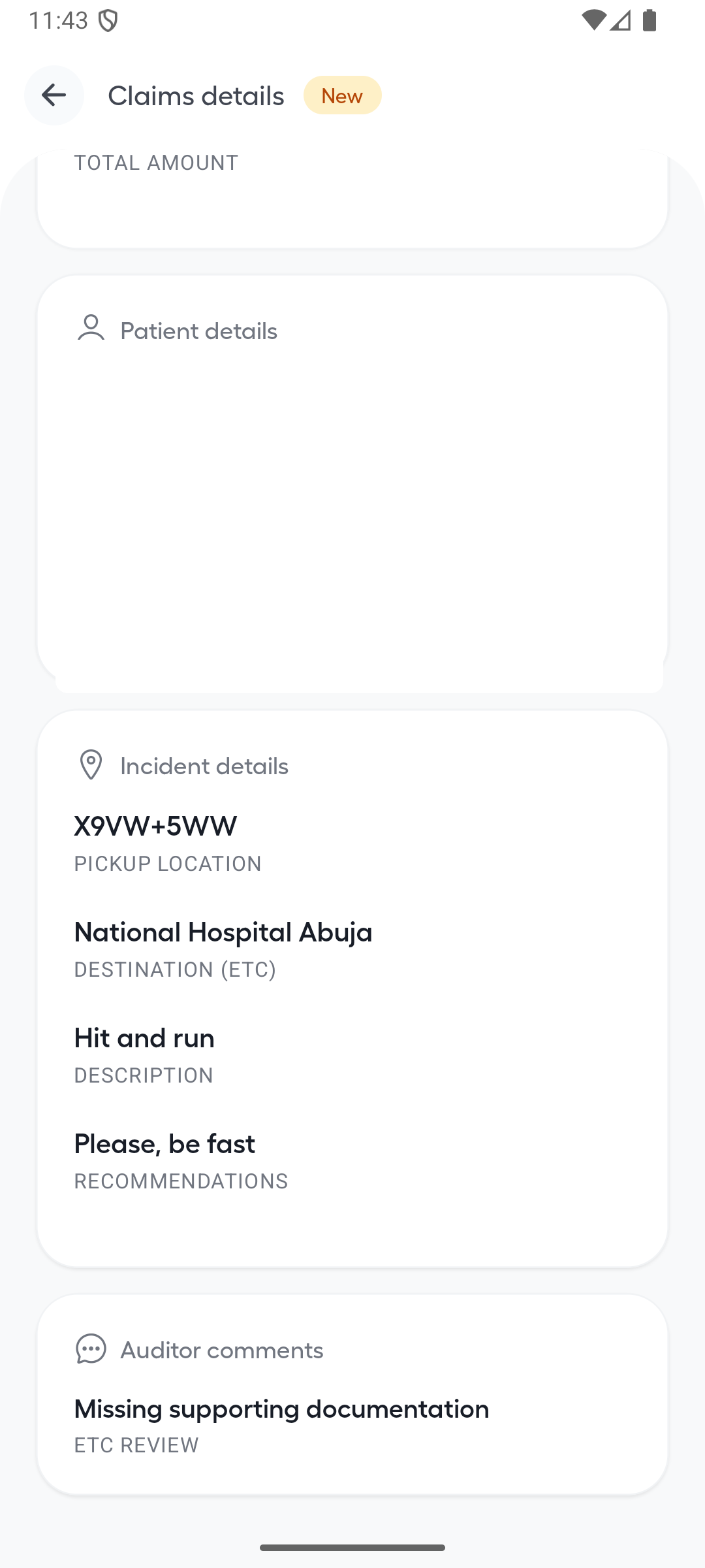 Ambulance App claim details showing redacted patient information, incident details and a review note