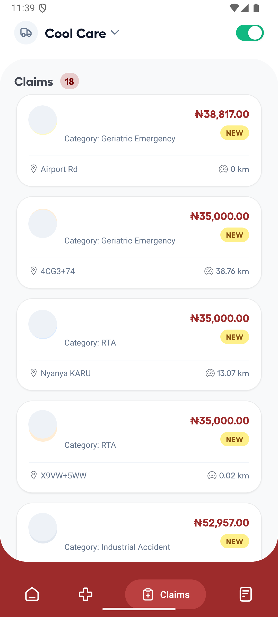Ambulance App claims list with patient values redacted and claim categories, amounts and statuses visible