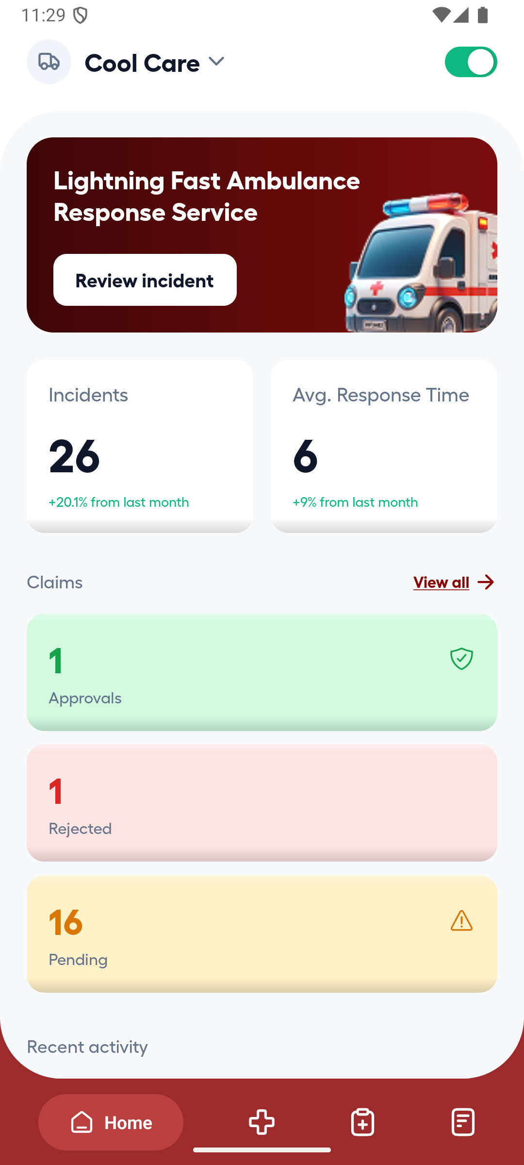 NEMSAS Ambulance App Home screen with assigned ambulance, availability, incident and claim summary cards