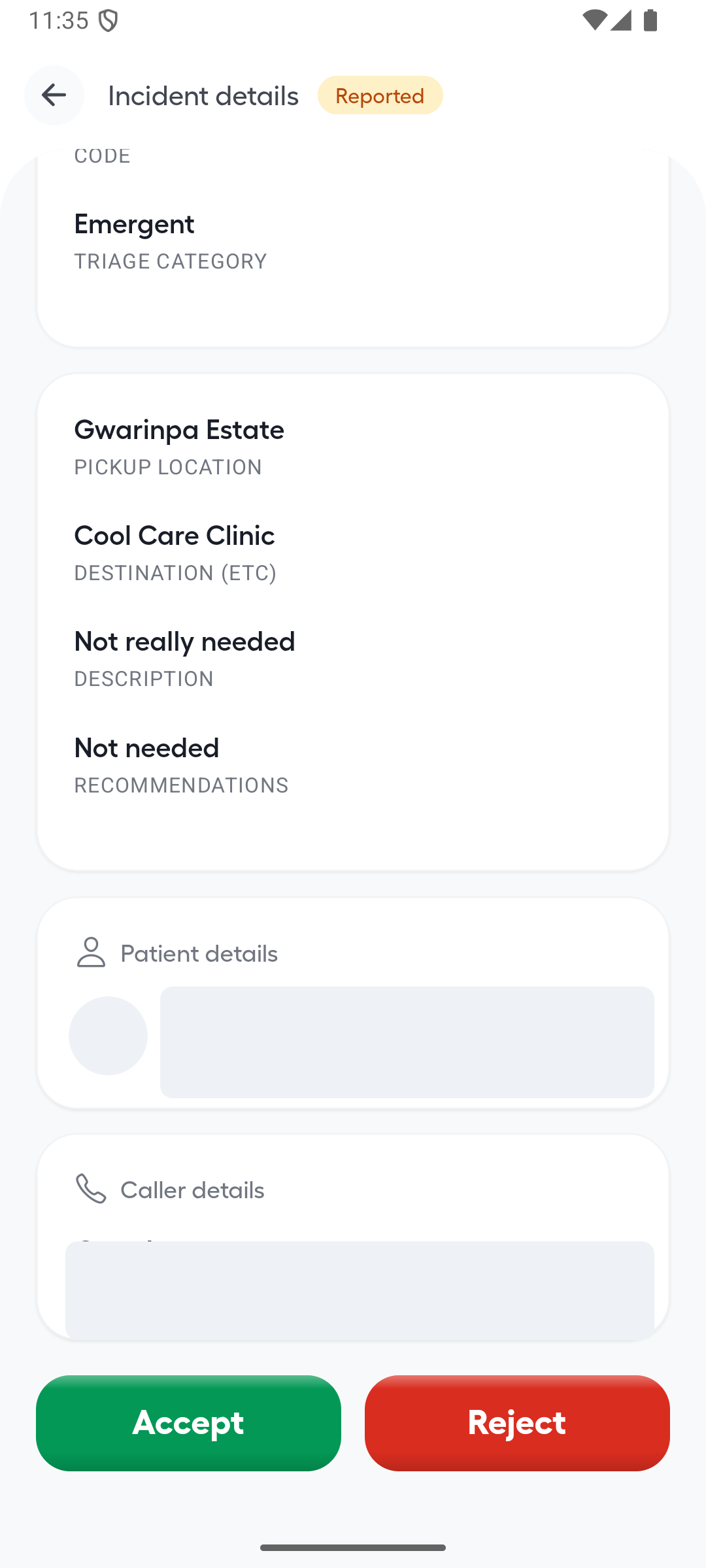 Ambulance App reported incident details with personal values redacted and Accept and Reject controls visible