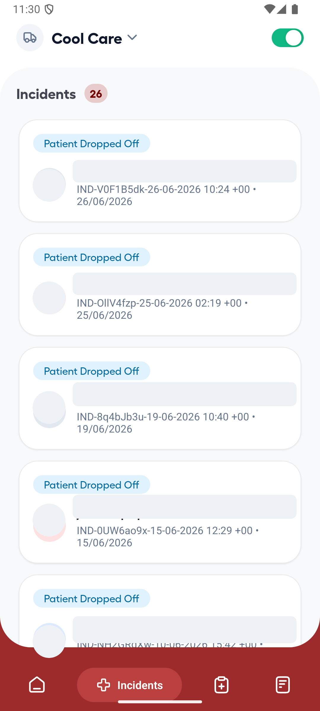 Ambulance App incident list with patient names redacted and Patient Dropped Off statuses visible