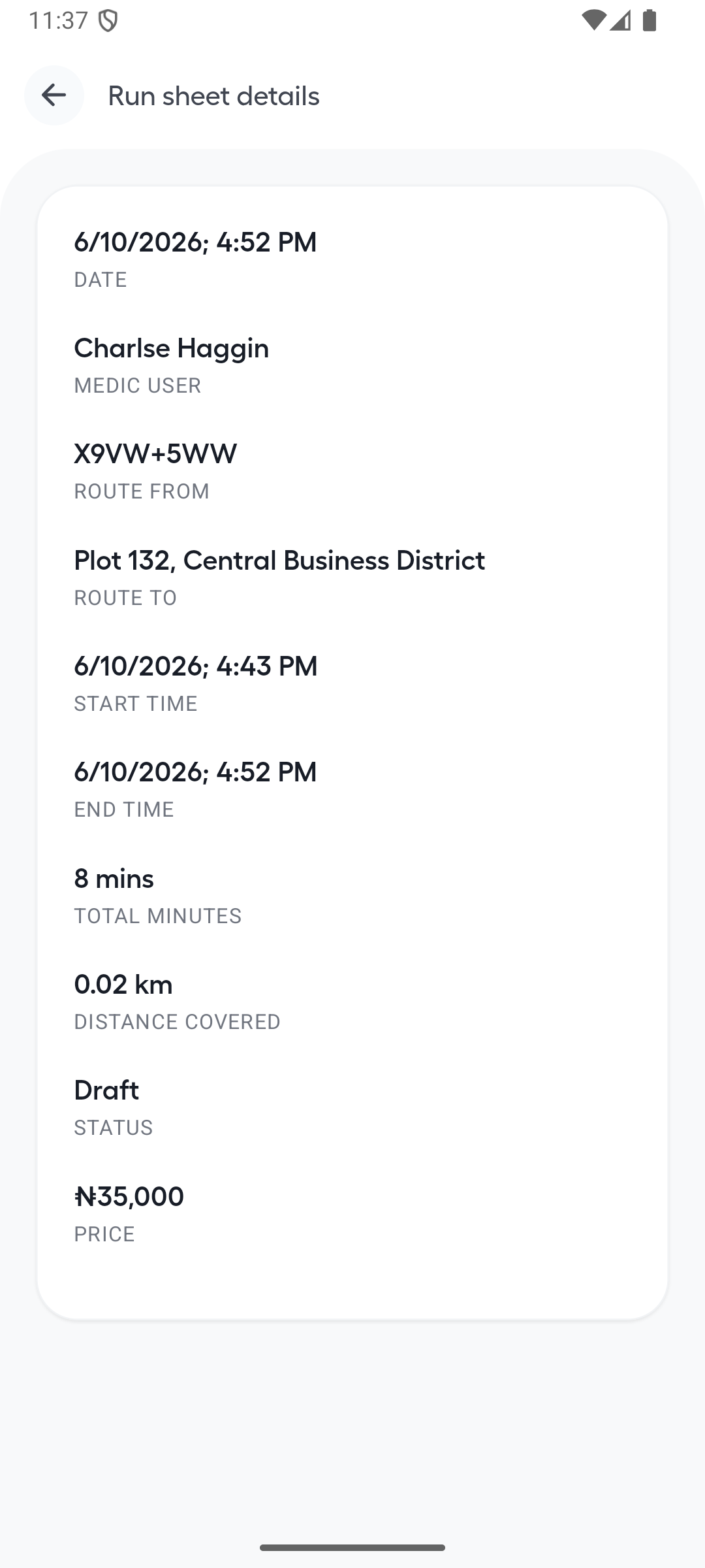Ambulance App run-sheet details with route, times, duration, distance, draft status and price