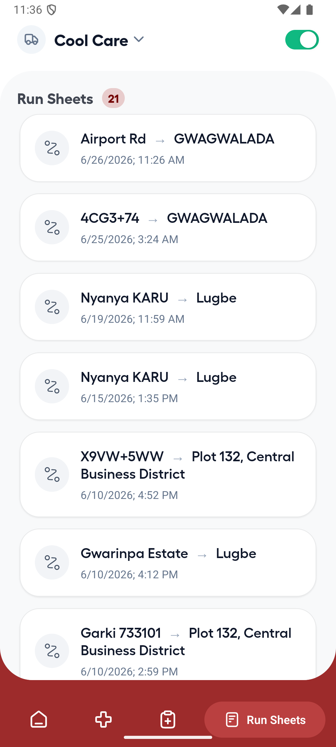 Ambulance App Run Sheets list with route pairs and timestamps
