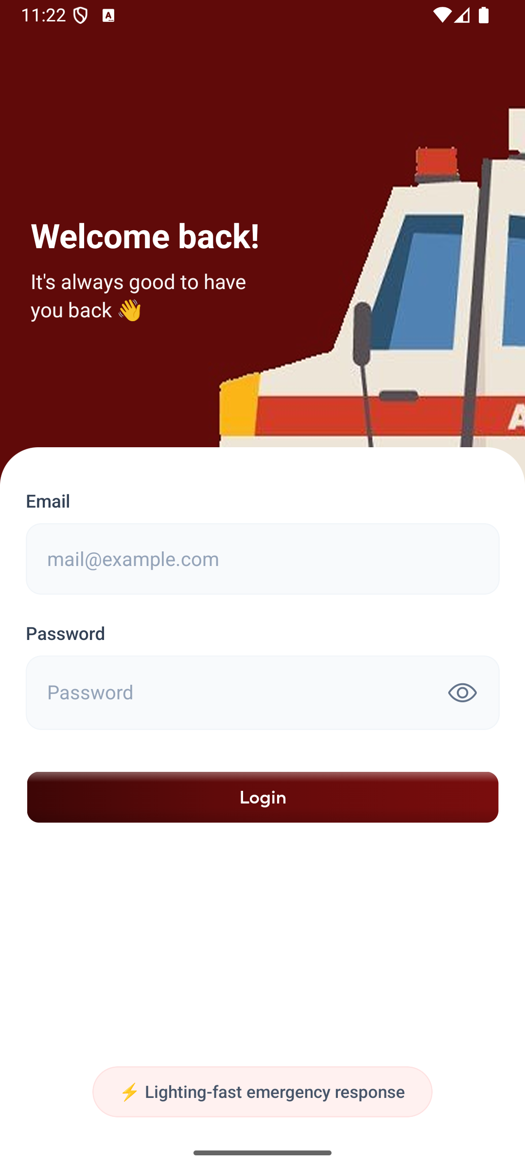 NEMSAS Ambulance App sign-in screen with email, password and Login controls
