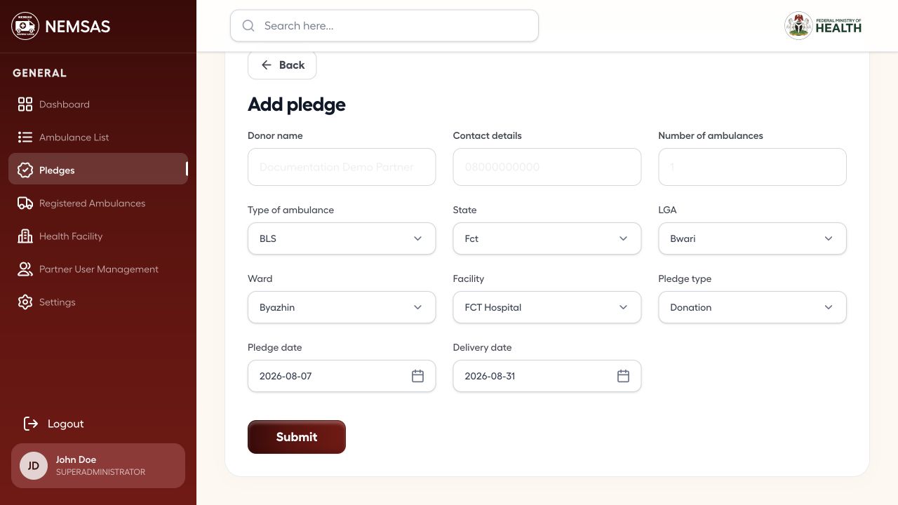 Add pledge form populated with demonstration donor, ambulance, location, facility and delivery details