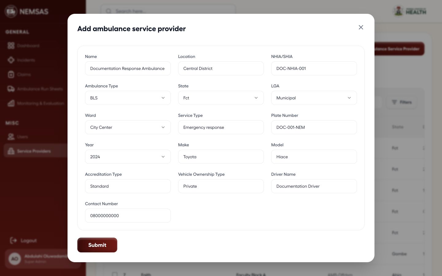 Super Admin Add ambulance service provider form populated with demonstration organisation, vehicle, location and contact details