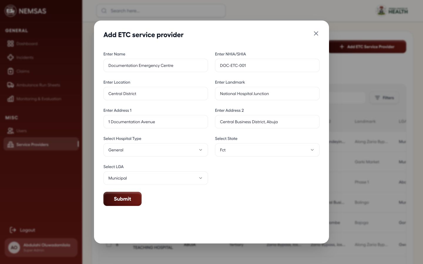 Super Admin Add ETC service provider form populated with demonstration facility, registration, location and contact details