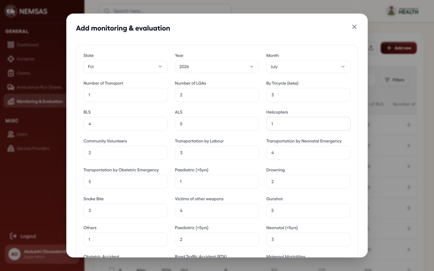 Add monitoring and evaluation form populated with demonstration monthly metric values