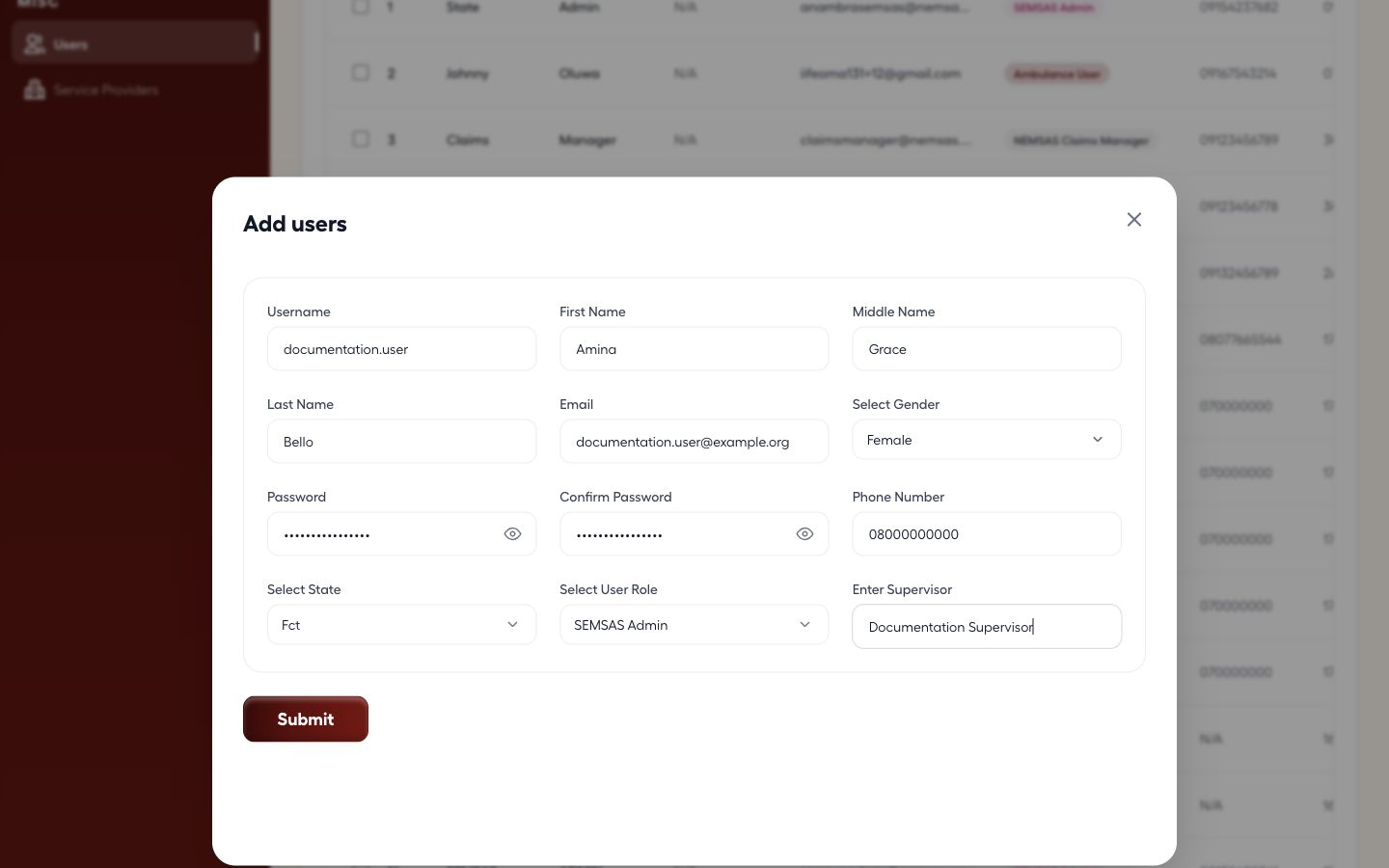 National administrator Add user form populated with demonstration identity, contact and role details