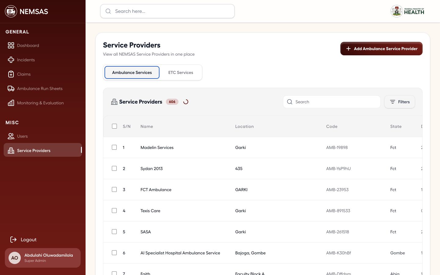 NIEMS Portal ambulance service provider register with search, filters and provider rows