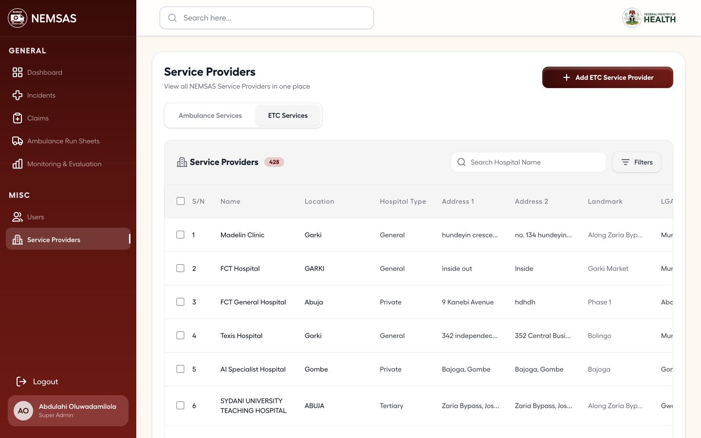 NIEMS Portal emergency treatment centre provider register with search and provider rows