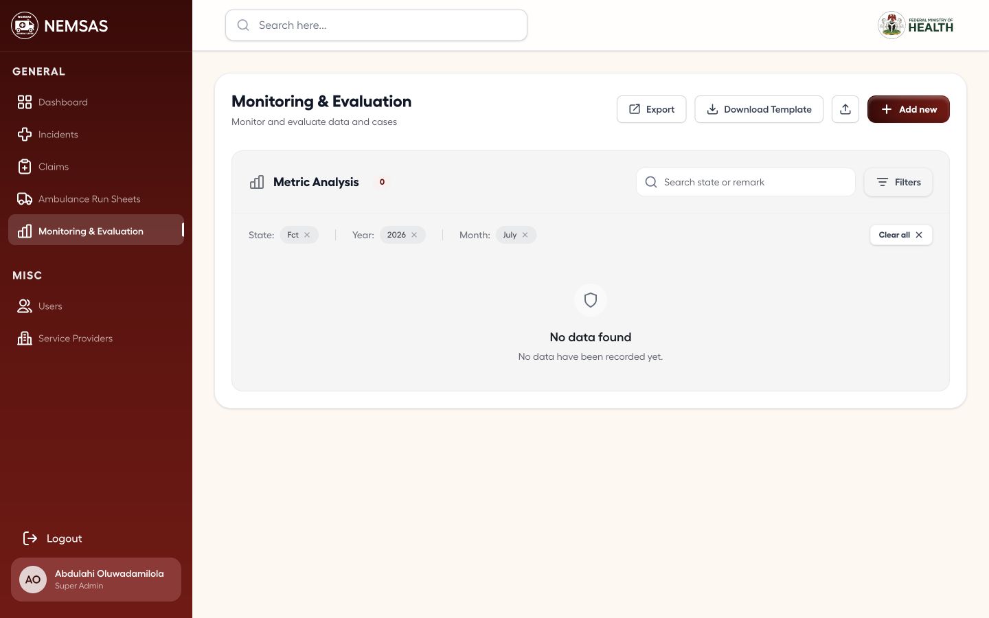 Monitoring and Evaluation register with active filters and a no-data result