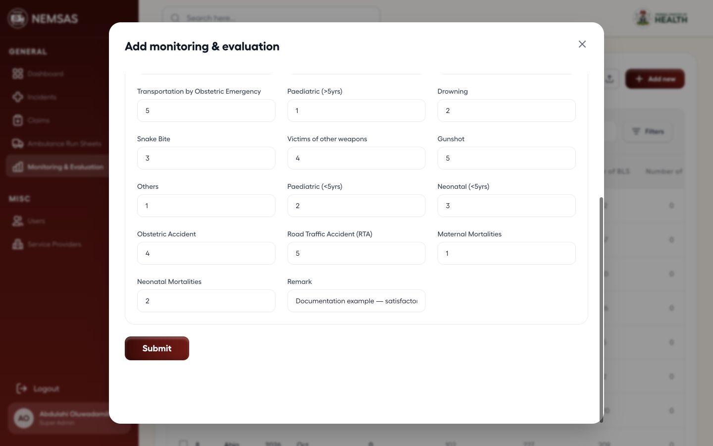 Completed monitoring and evaluation form showing the full set of demonstration indicators and Submit