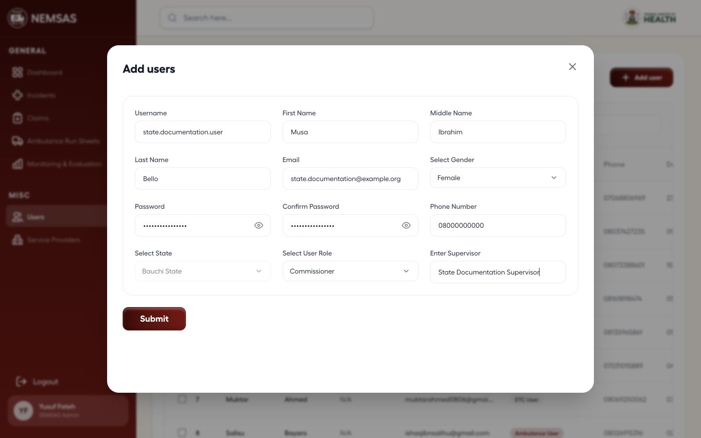 State administrator Add user form populated with a state-scoped demonstration account and role