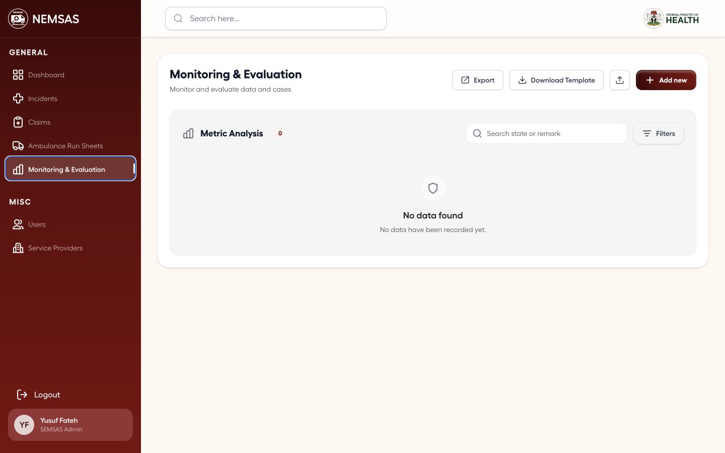 State Admin Monitoring and Evaluation page with state-scoped controls and an empty register