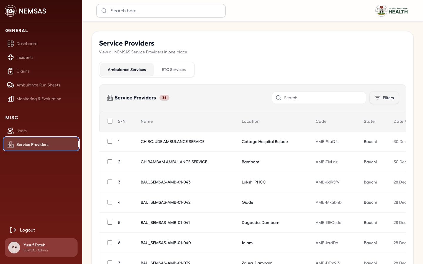 State Admin Service Providers page with state-scoped provider tables and no Add provider control
