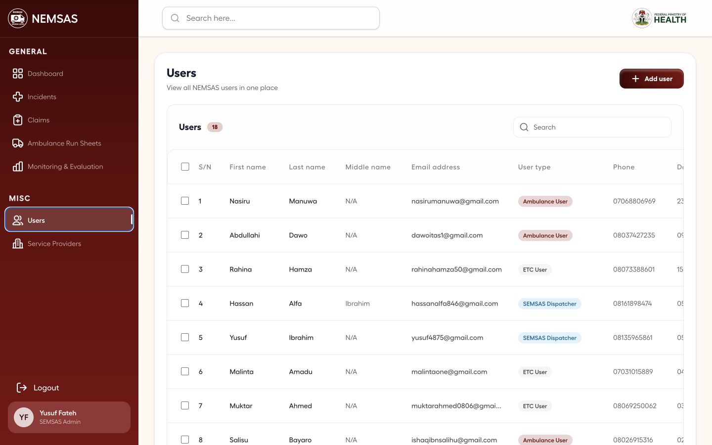 State administrator Users page with state-scoped user records and roles