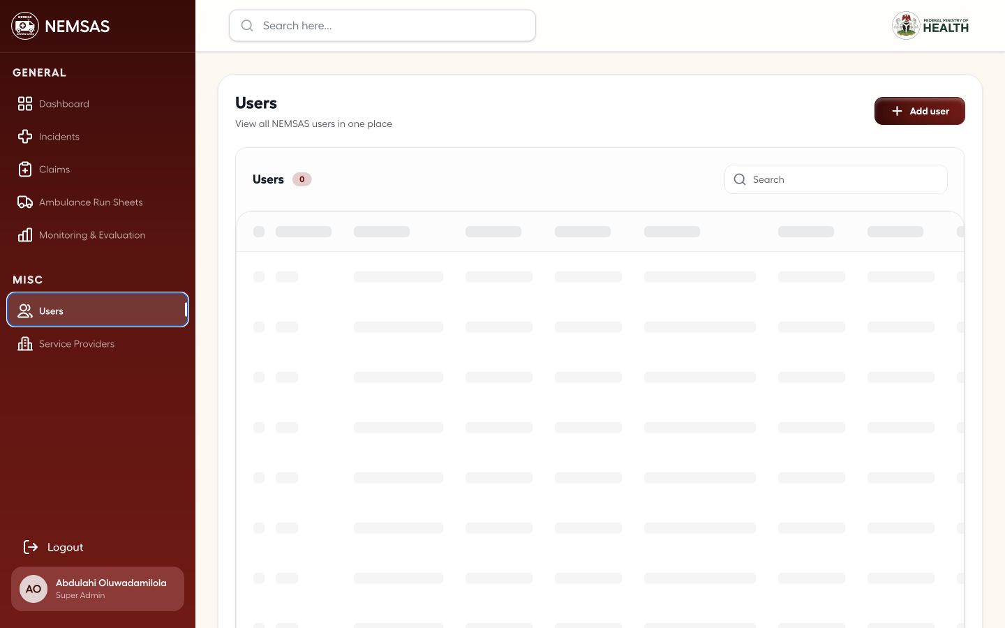 NIEMS Portal Users page with search, user rows, roles and Add user control