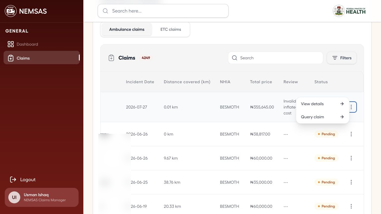 Ambulance claim row action menu with View details and Query claim
