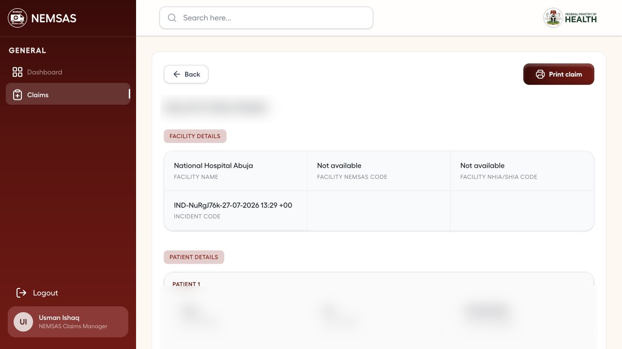 Ambulance claim detail page with patient values redacted, evidence, calculated total and decision controls
