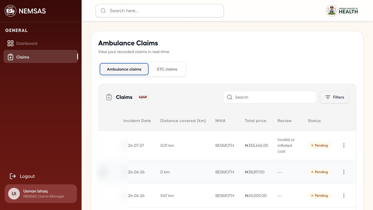 National ambulance claims list with patient values redacted and review and claim statuses visible