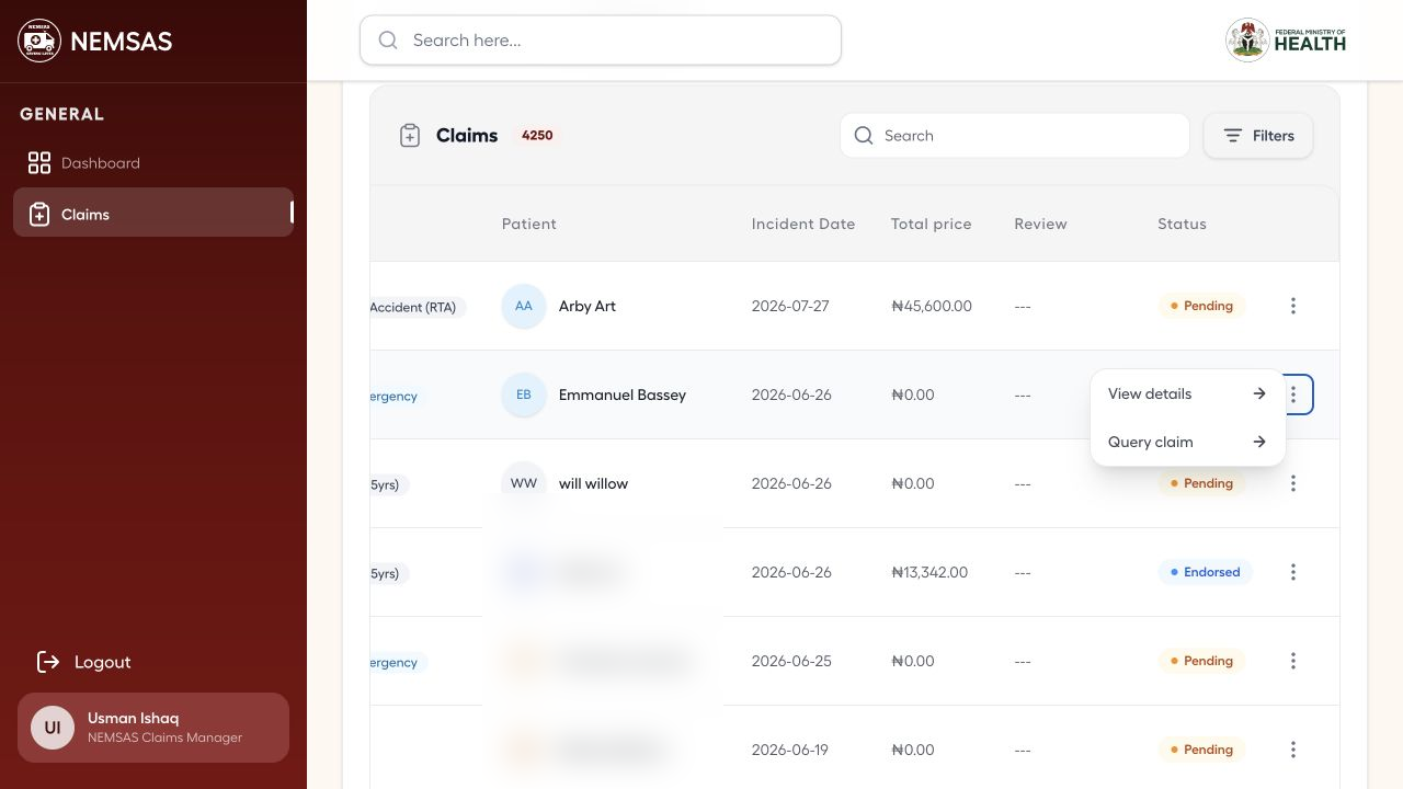 ETC claim row with redacted patient fields and View details and Query claim actions open
