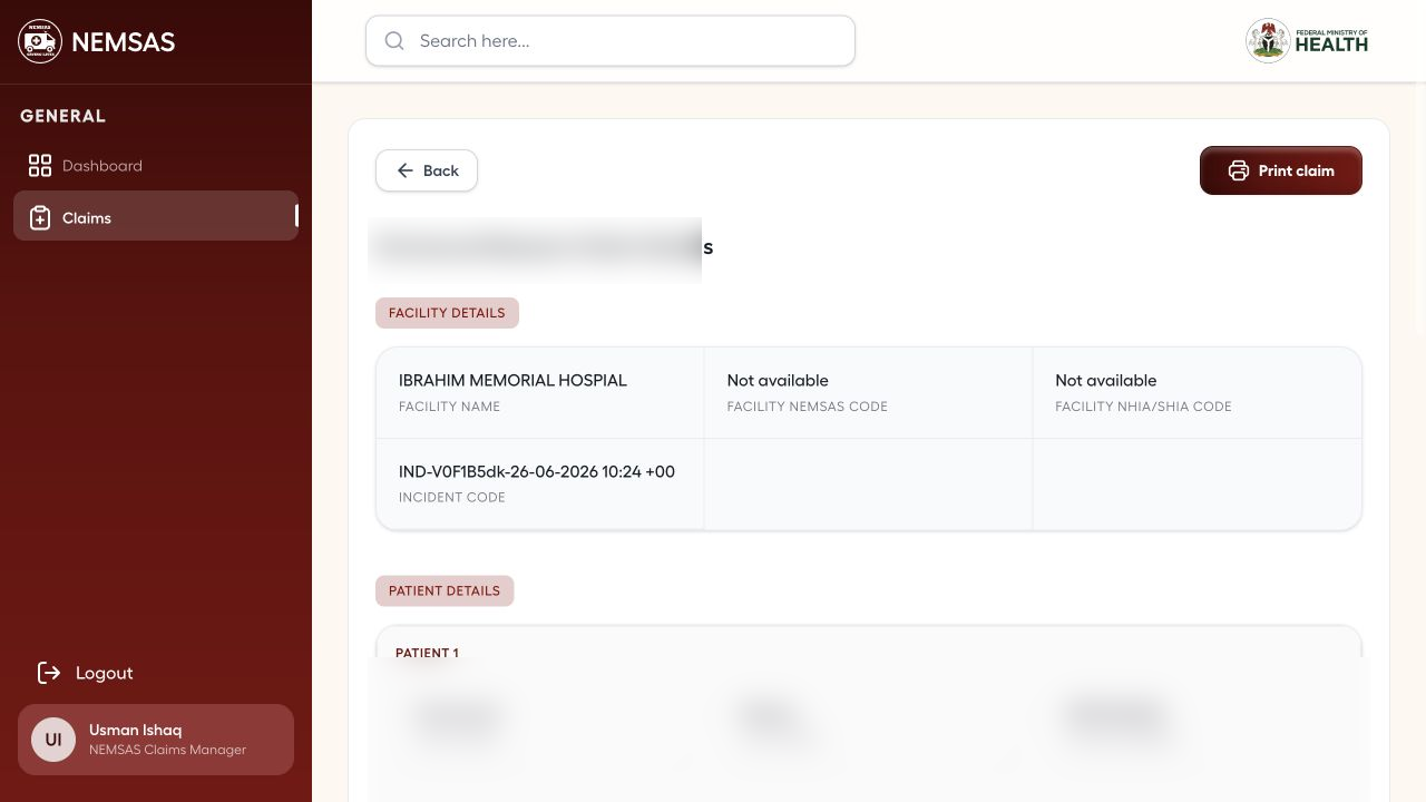 Endorsed ETC claim detail page with patient values redacted, interventions, evidence and calculated total