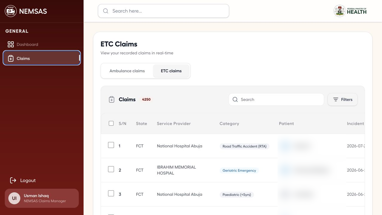National claims manager ETC claims list with patient fields redacted and review statuses visible