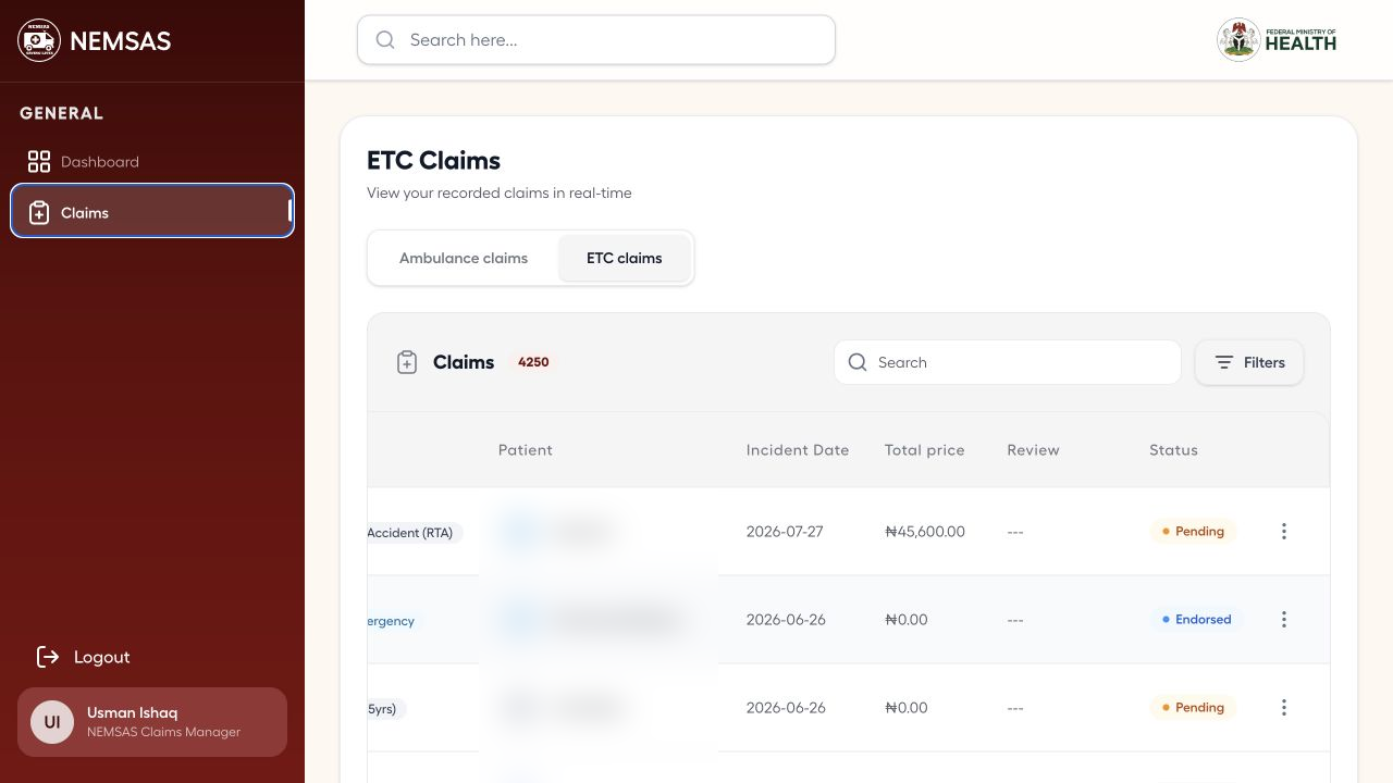 ETC claims list with patient fields redacted and different review and claim statuses visible