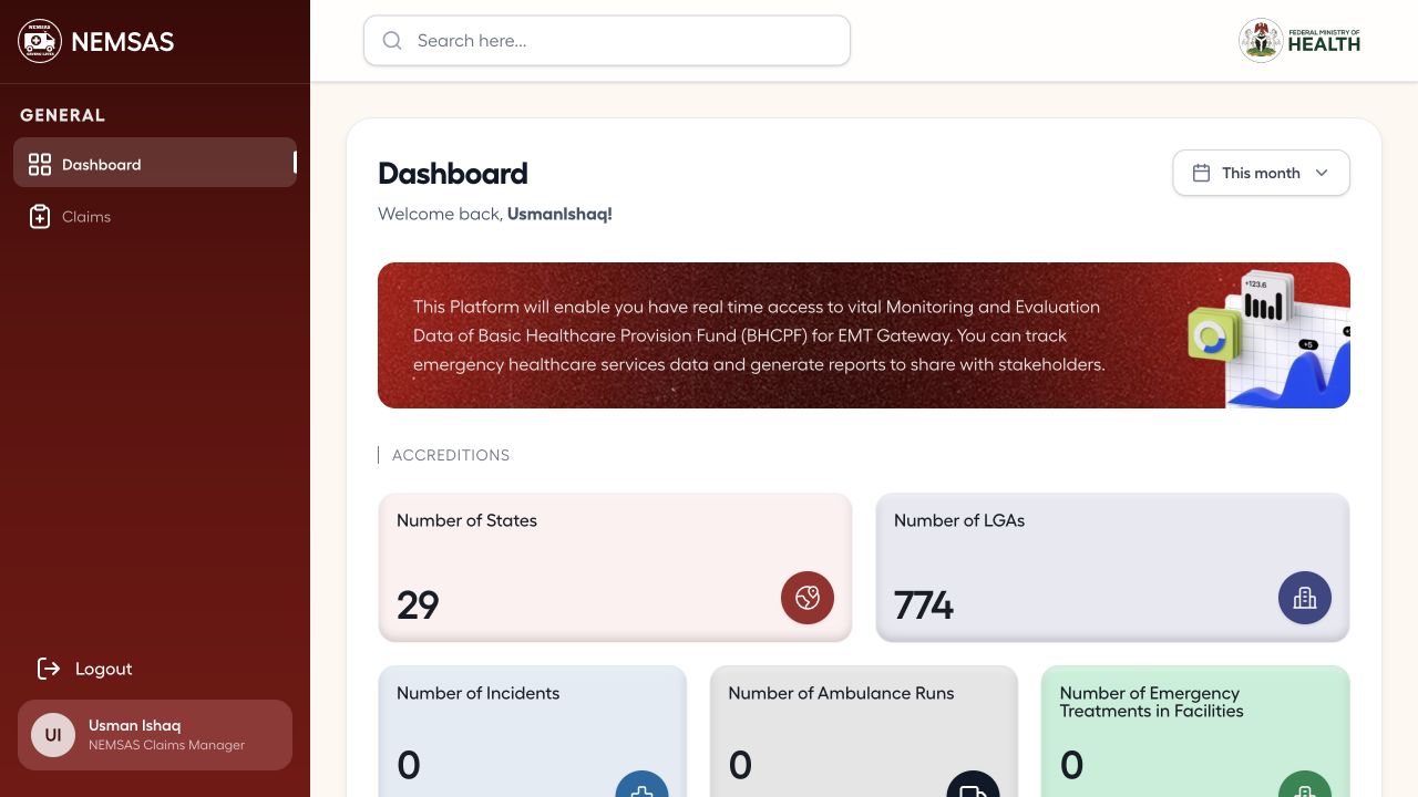 National claims manager dashboard with state, LGA, incident, ambulance-run, treatment and claims indicators