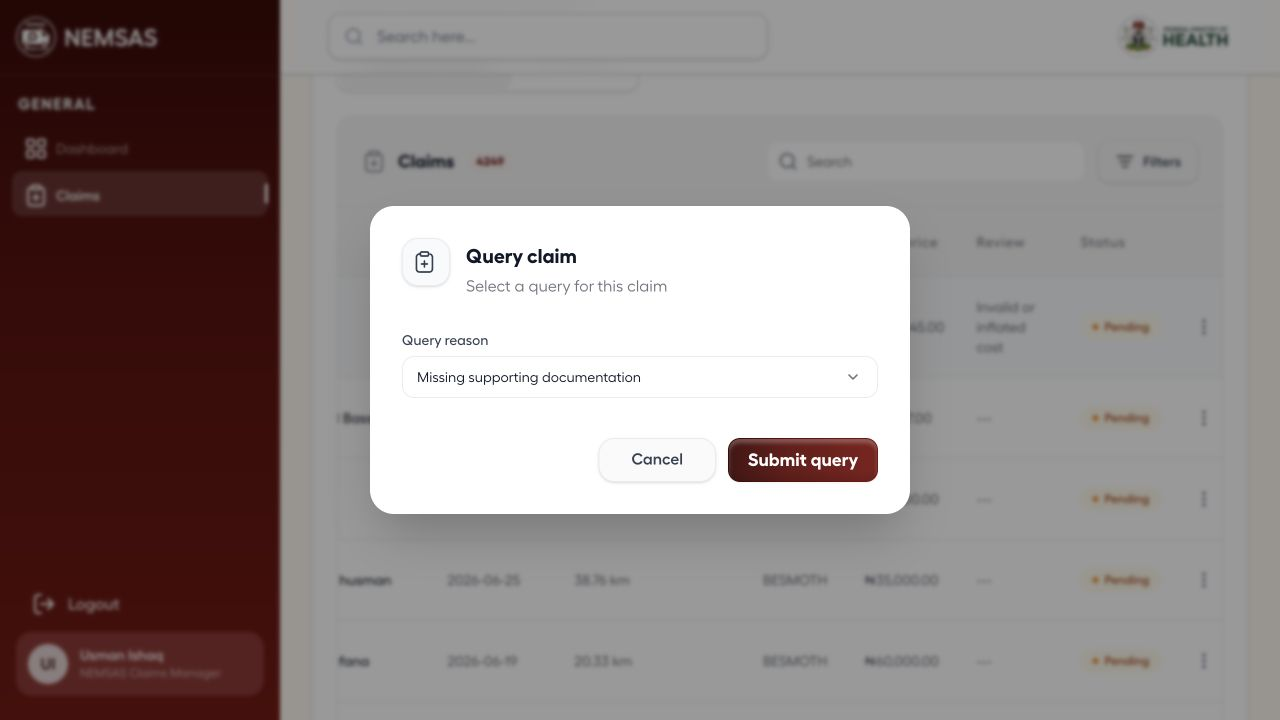 Query claim dialog with a demonstration query reason selected and Submit query visible